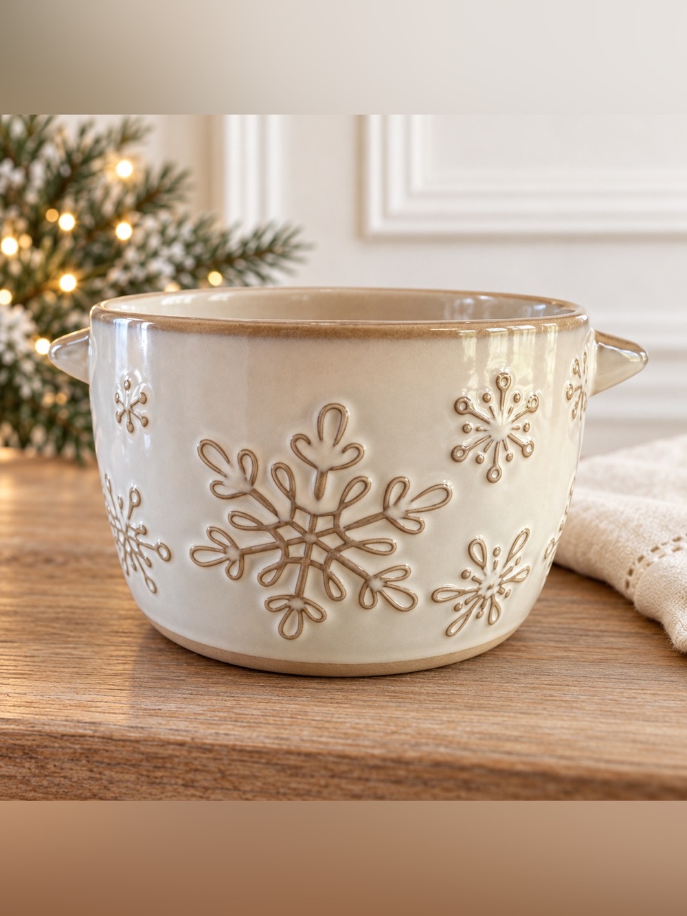 Teleflora Cream Snowflake Ceramic Handled Bowl Winter Christmas Decor